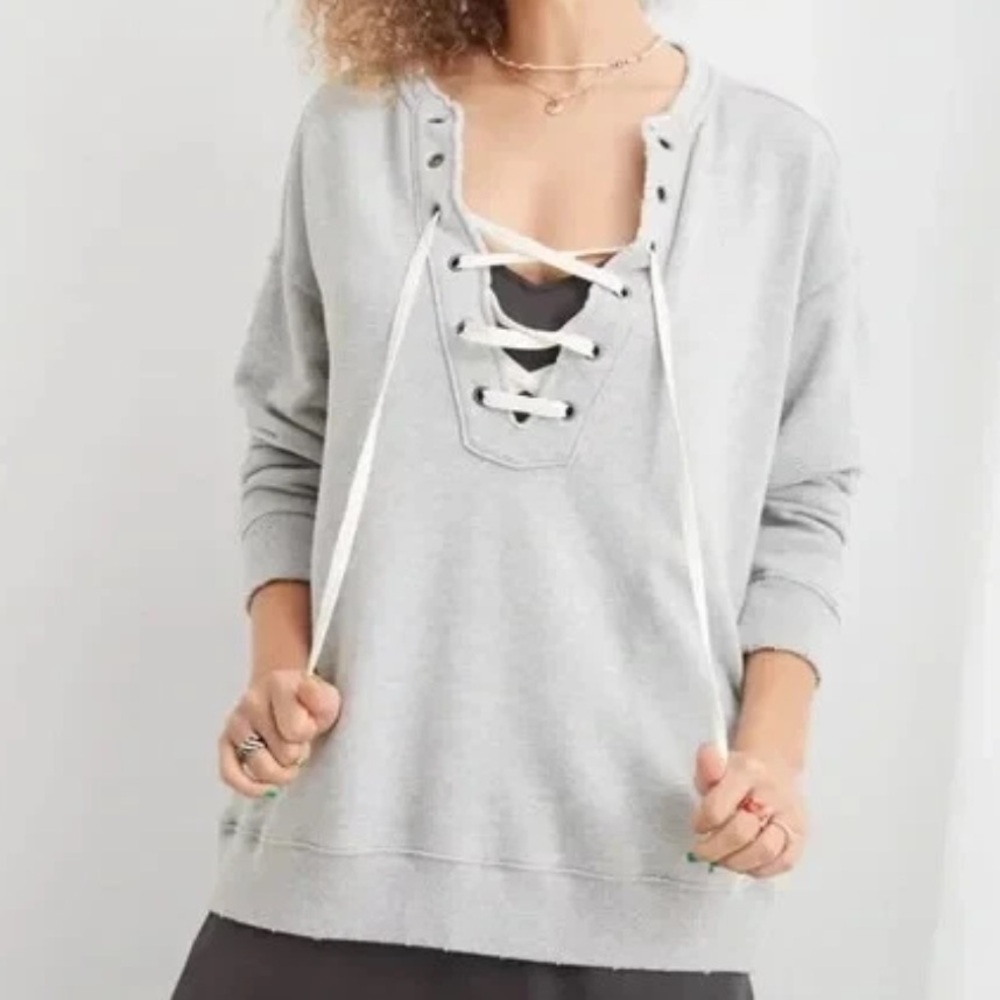 Aerie Lace Up Oversized Crew Sweatshirt Grey Long Sleeve Distressed Sz L